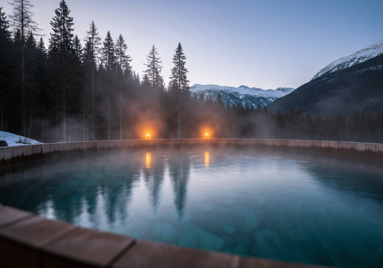 Bain nordique en montagne : eau chaude fumante entourée de forêt et éclairée à la chandelle