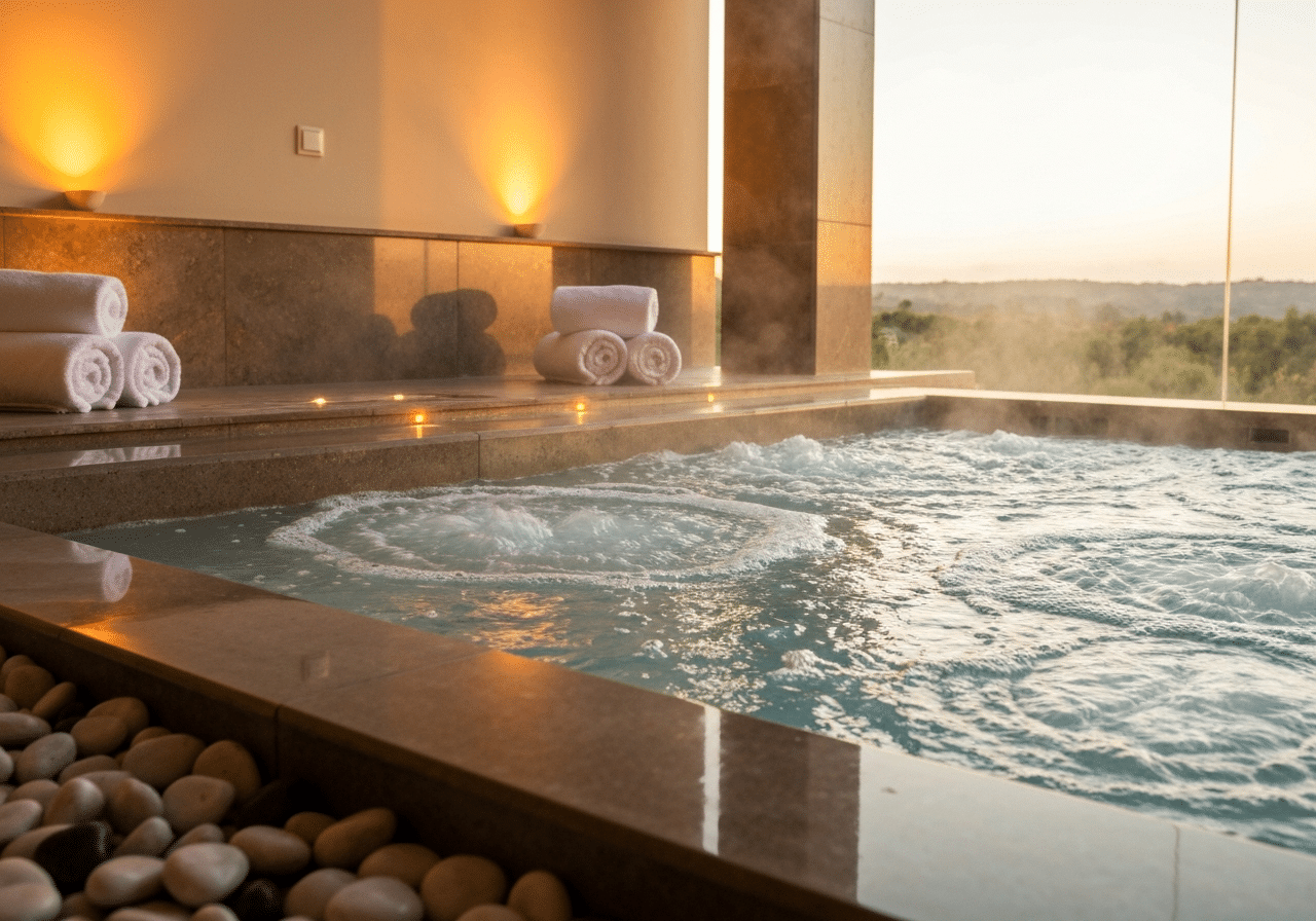 Jacuzzi privatif chauffé en soirée, vapeur chaude et ambiance tamisée douce et romantique