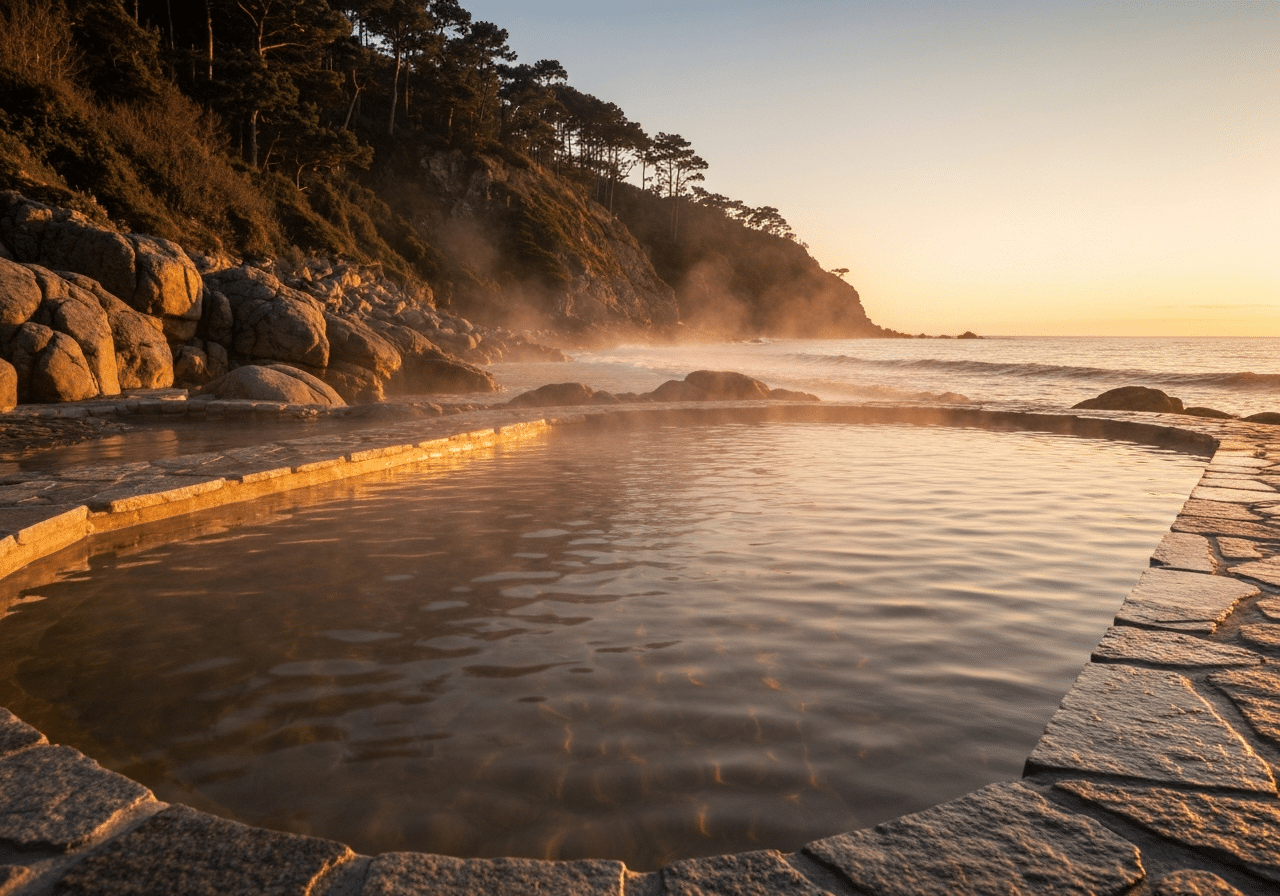 Bassin thalasso naturel en eau de mer chauffée, entouré de roches côtières, lumière dorée du soir