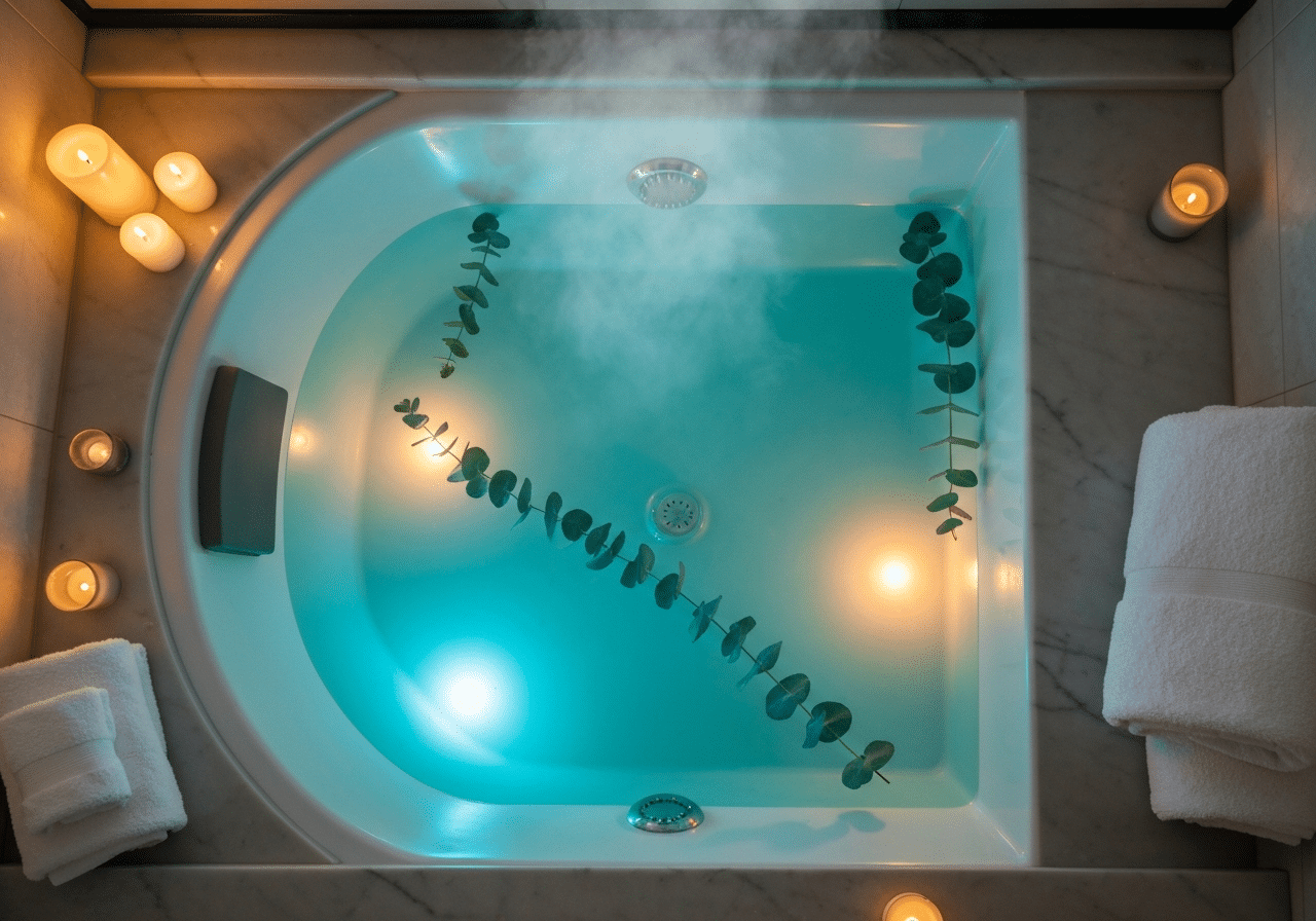 Baignoire privée avec eau turquoise, vapeur délicate et ambiance tamisée