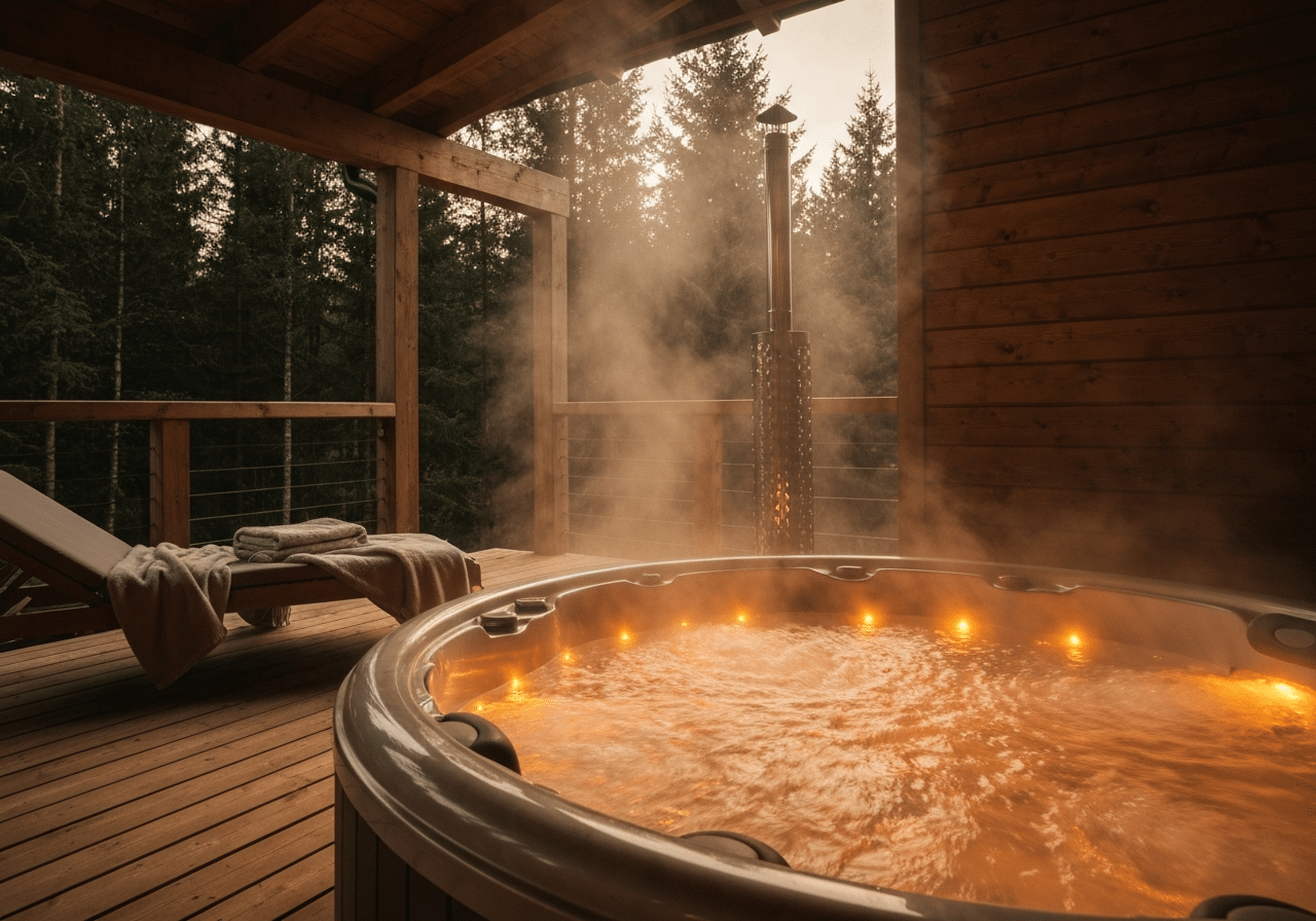 Bain chaud privatif en bois devant cabane forestière, ambiance lumineuse apaisante