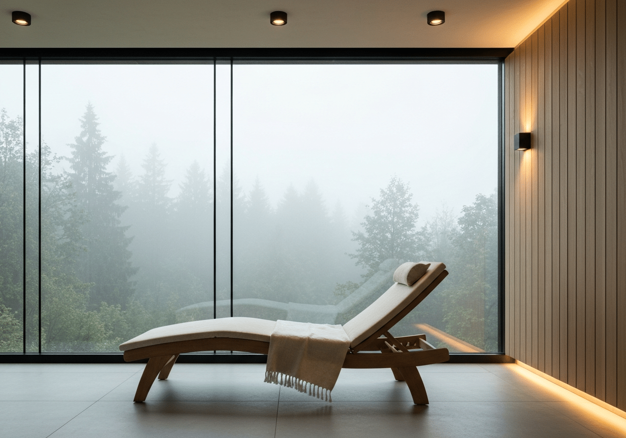 Chaise longue en bois face à la forêt embrumée, lumière naturelle douce, ambiance de détente minimale.