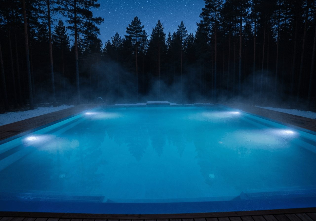 Bassin thermal privatif en forêt, éclairage LED bleu sous l'eau, vapeur chaude en soirée hivernale