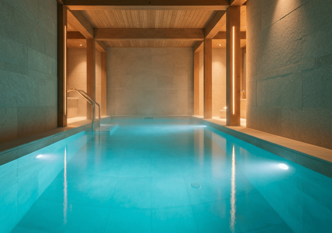 Bassin thermal privatif aux eaux claires, illuminé par des leds colorées tamisées et bois naturel.