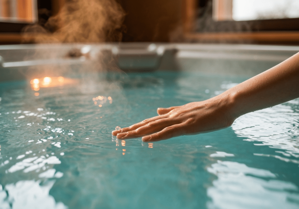 Main immergée dans un jacuzzi aux eaux limpides, vapeur dorée et LED chaude illuminant l'eau translucide.