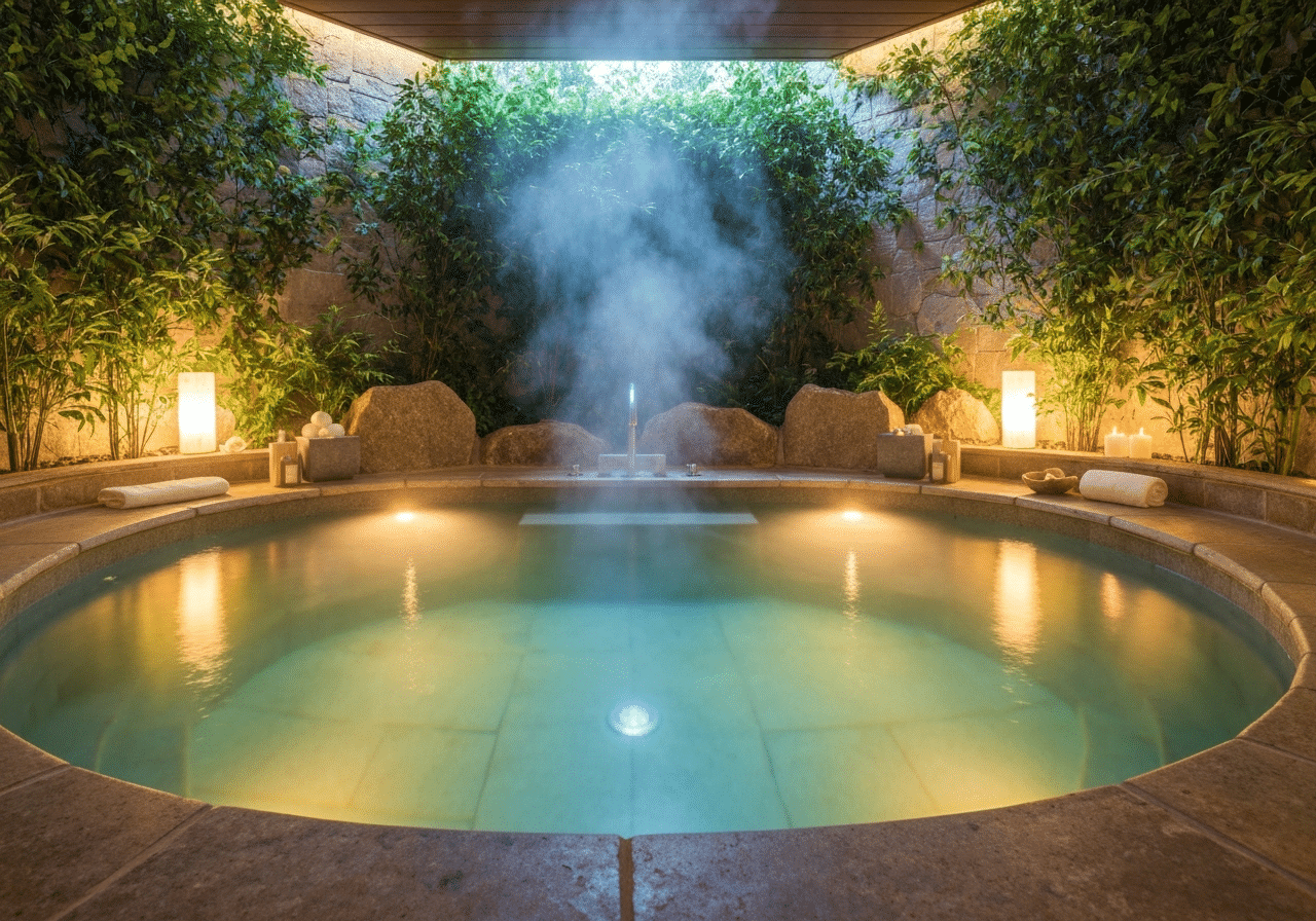 Bassin de spa privatif entouré de verdure, eau cristalline reflétant des éclairages LED chauds et apaisants.