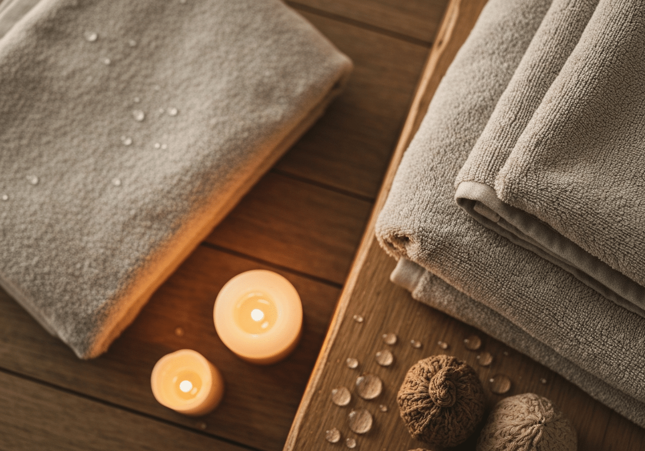 Serviettes moelleuses, bougies chaudes et accessoires de spa dans une ambiance feutrée et luxueuse