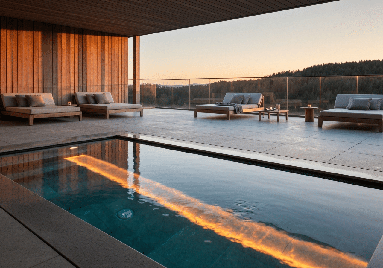 Terrasse de spa privé en fin de jour avec piscine chauffée, éclairage LED et mobilier luxe face à la nature.