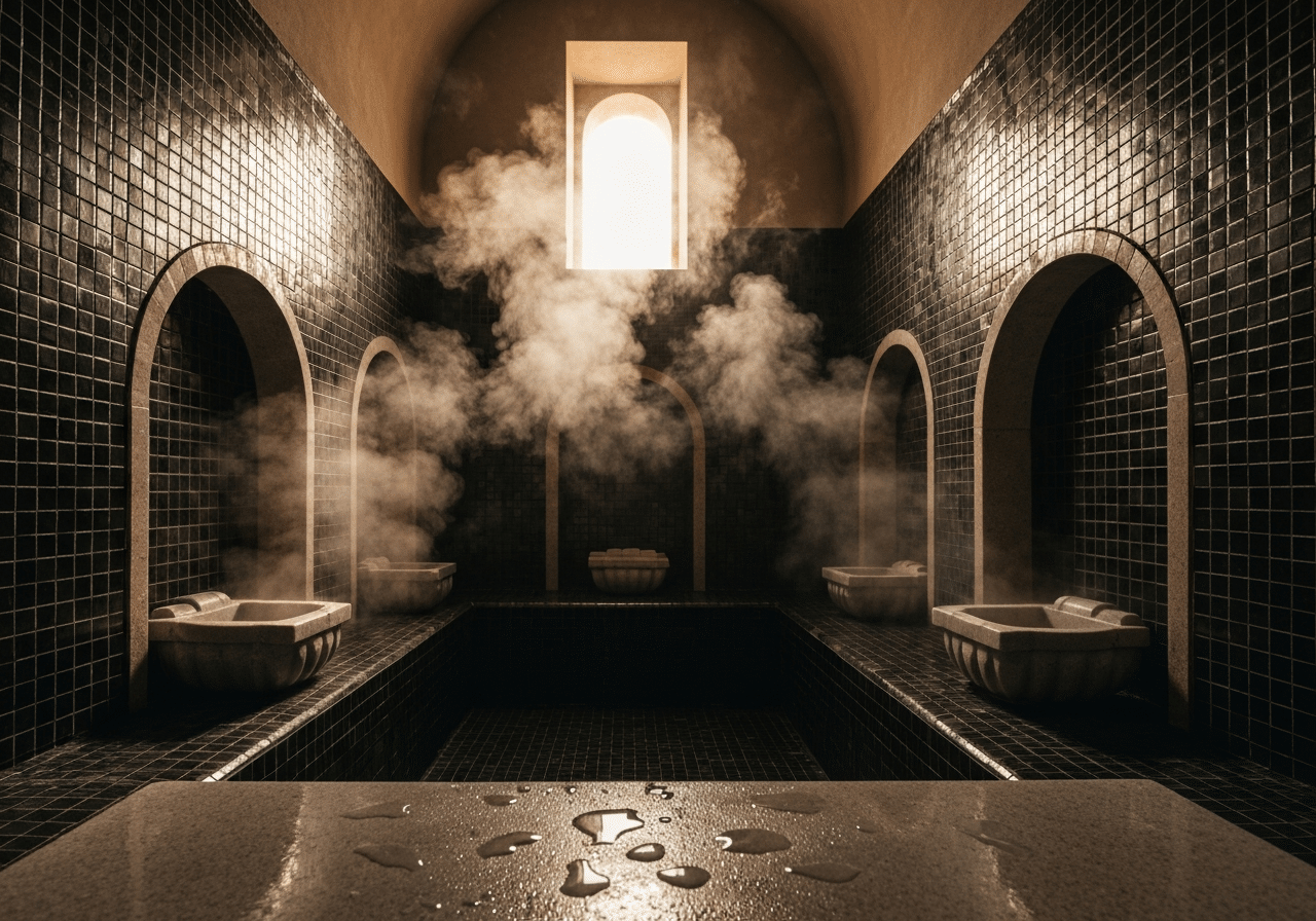 Hammam privatif avec vapeur épaisse, carrelage traditionnel et lumière dorée douce.