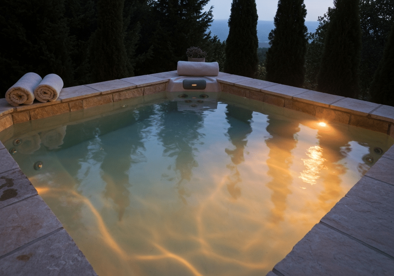 Spa privatif avec eau calme reflétant des lumières tamisées ambrées, entouré de serviettes moelleuses et de nature