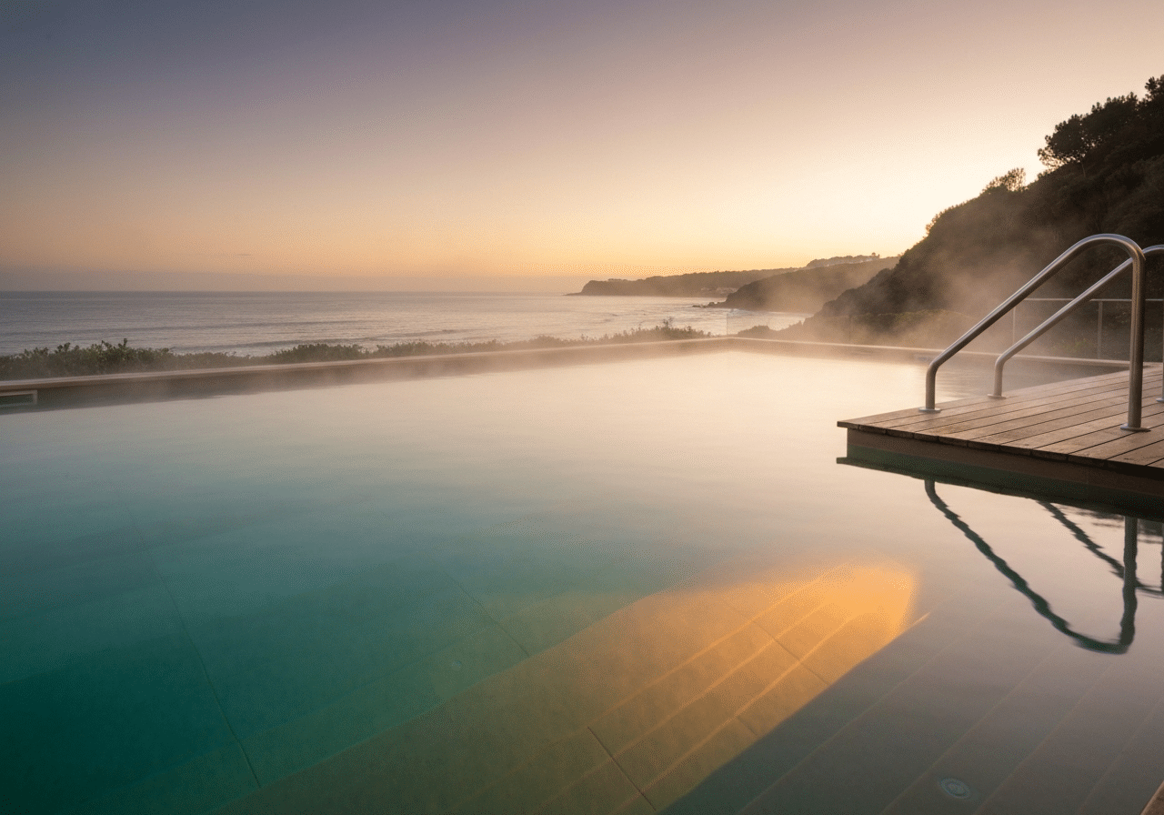 Bassin de thalasso privatif avec vue côtière, eau de mer translucide éclairée chaleureusement, atmosphère apaisante.