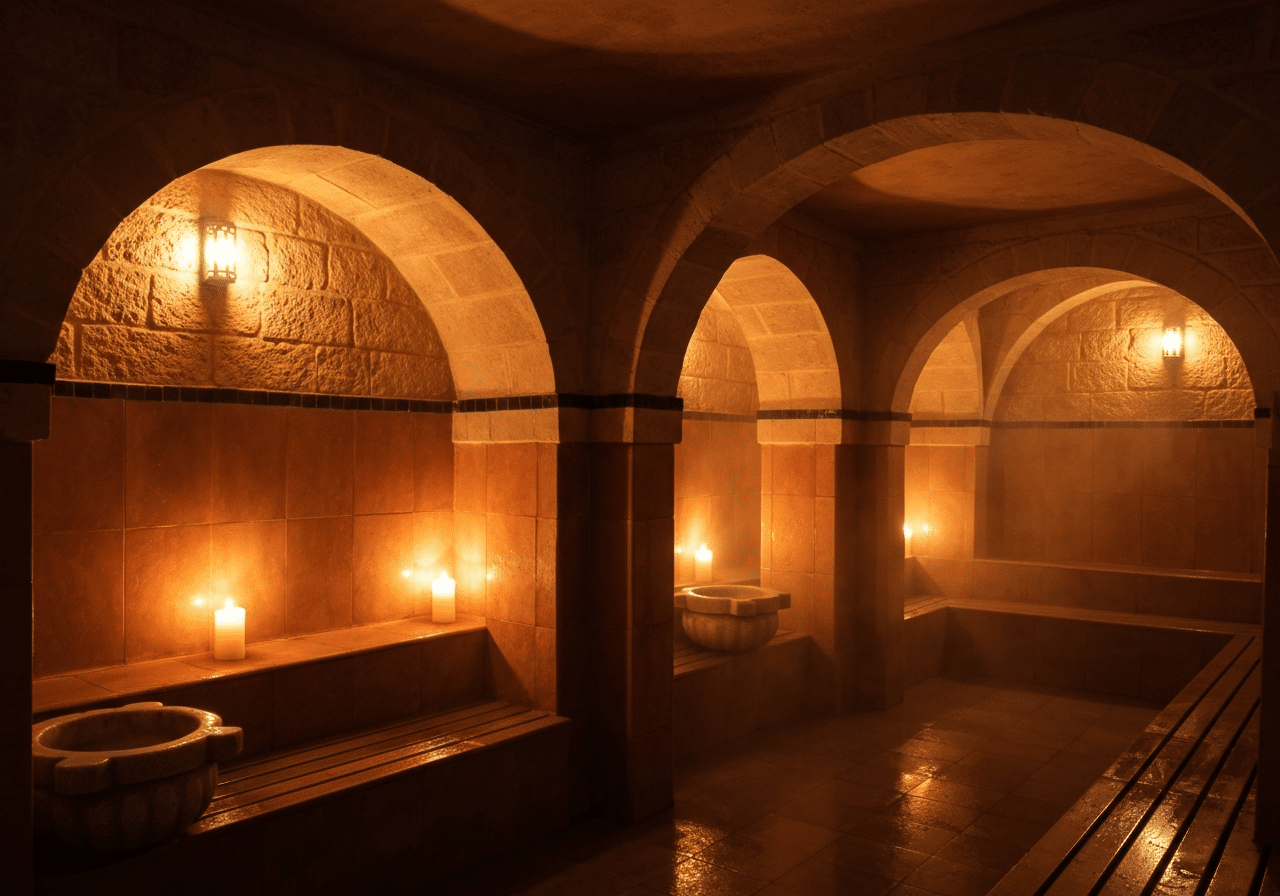 Intérieur de hammam avec murs en pierre, alcôves voûtées et lumière dorée douce