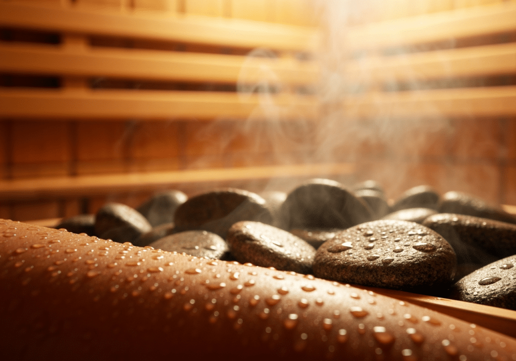 Gouttelettes d'eau sur la peau dans une ambiance de sauna à chaleur douce et humidité