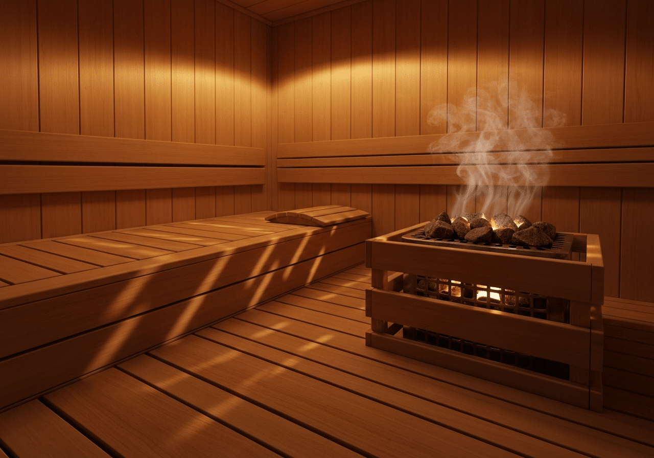 Intérieur épuré de sauna avec bancs en bois oiled, ambiance lumineuse chaleureuse et vapeur légère