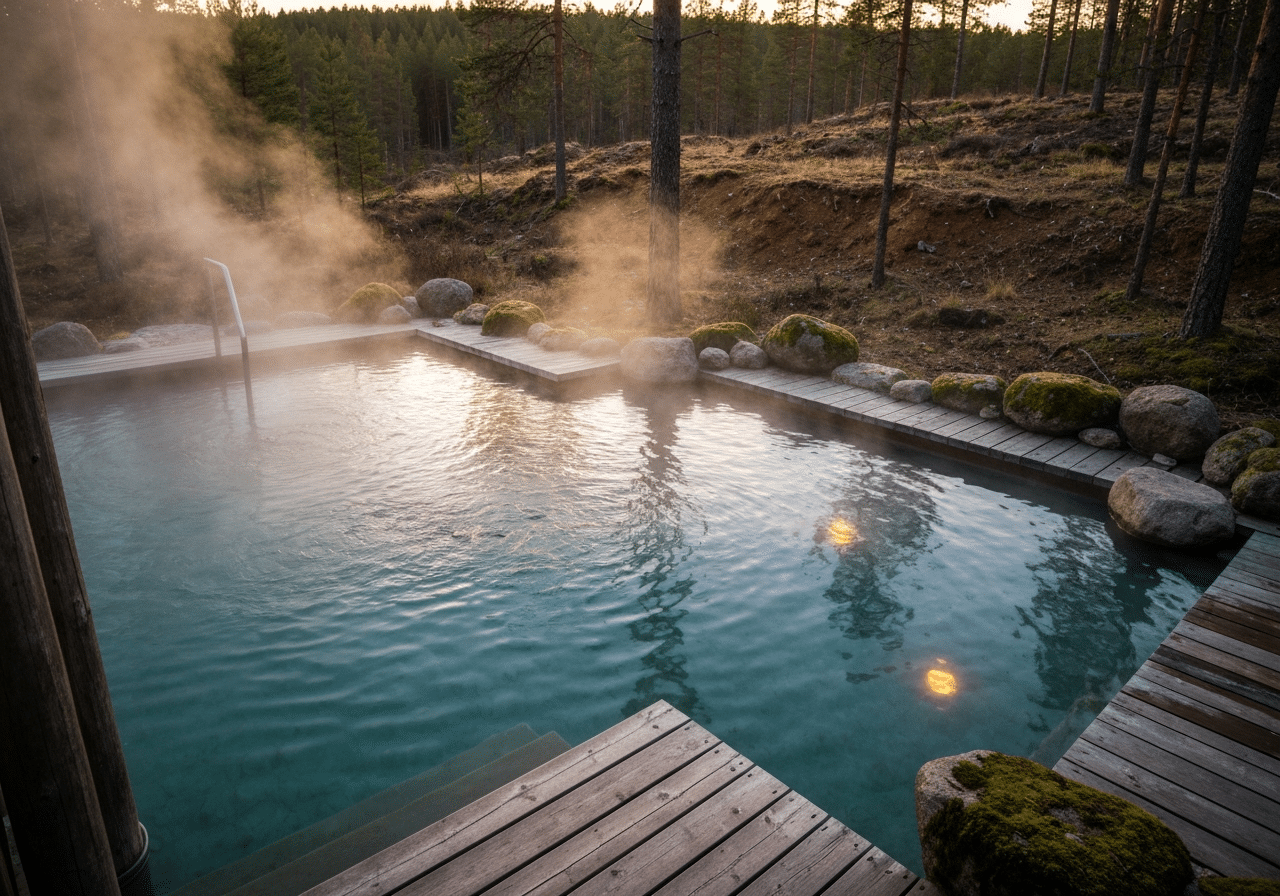 Bassin thermal fumant en forêt avec bois naturel et ambiance spa en plein air