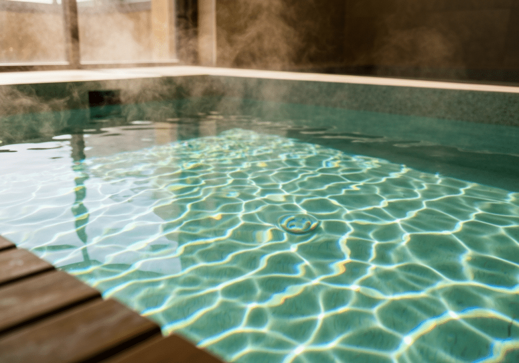 Eau cristalline d'un spa privatif, reflets lumineux et vapeur douce