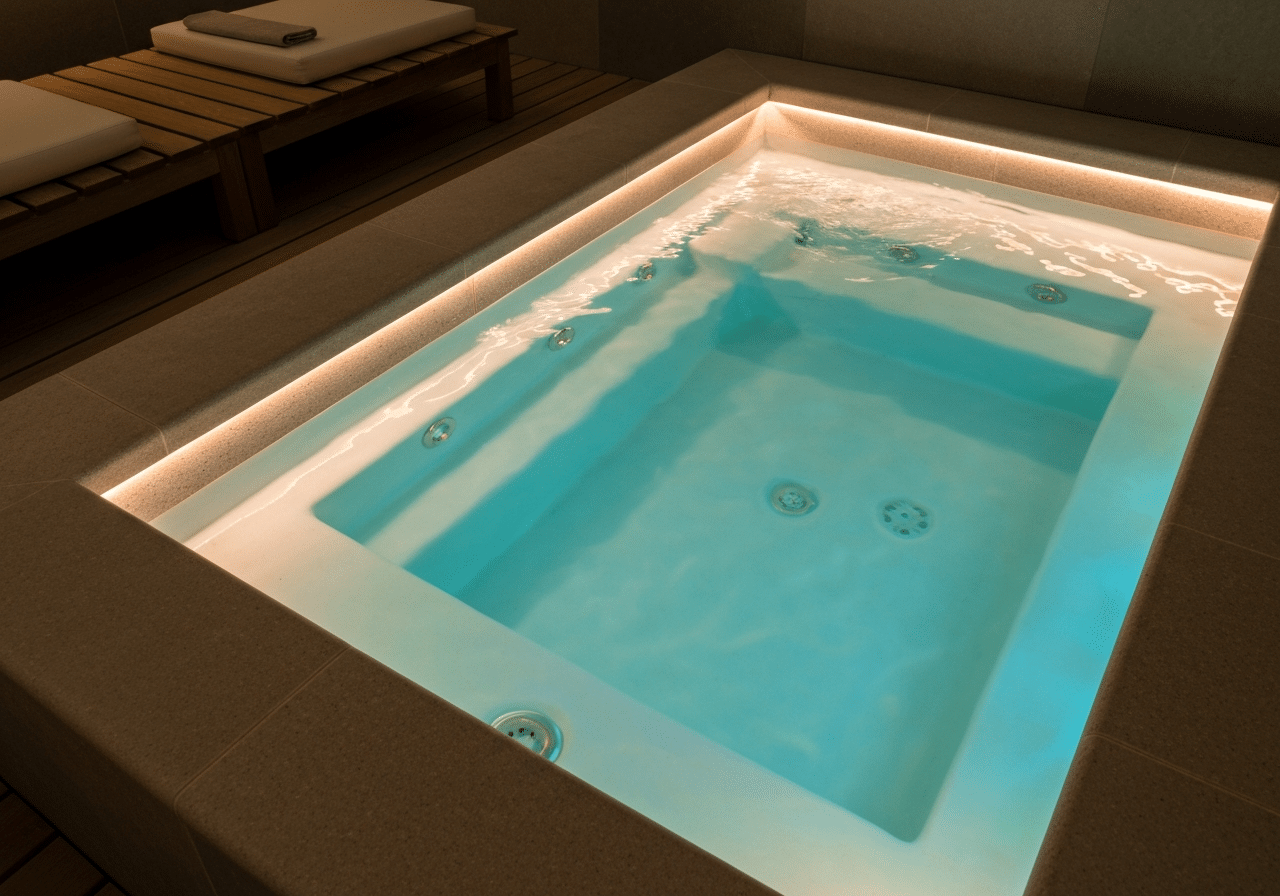Bassin spa privatif bien entretenu, eau pure et éclairage LED tamisé