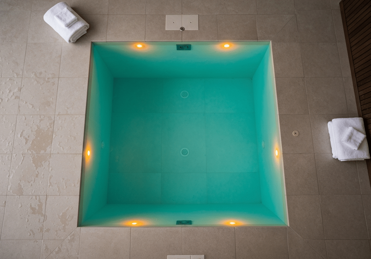 Vue apaisante d'un bassin thermal privé empli d'eau minérale bleutée avec éclairage LED ambré et serviettes blanches