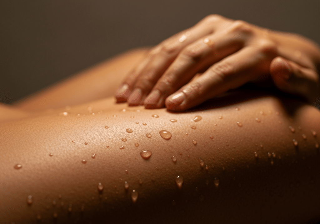 Eau chaude cascade sur l'épaule dans une lumière dorée apaisante
