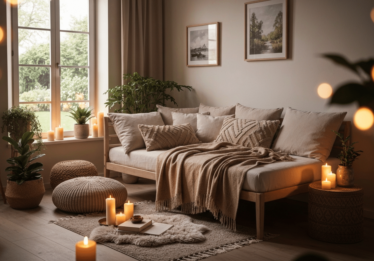 Love room élégante baignée de lumière tamisée avec bougies et linges moelleux