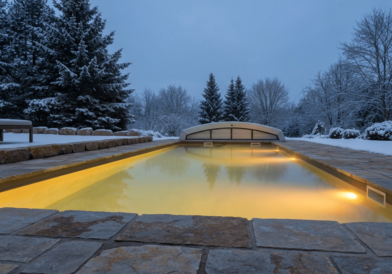 Piscine extérieure chauffée illuminée la nuit, lumière ambrée reflétée dans l'eau calme, décor minimaliste de luxe