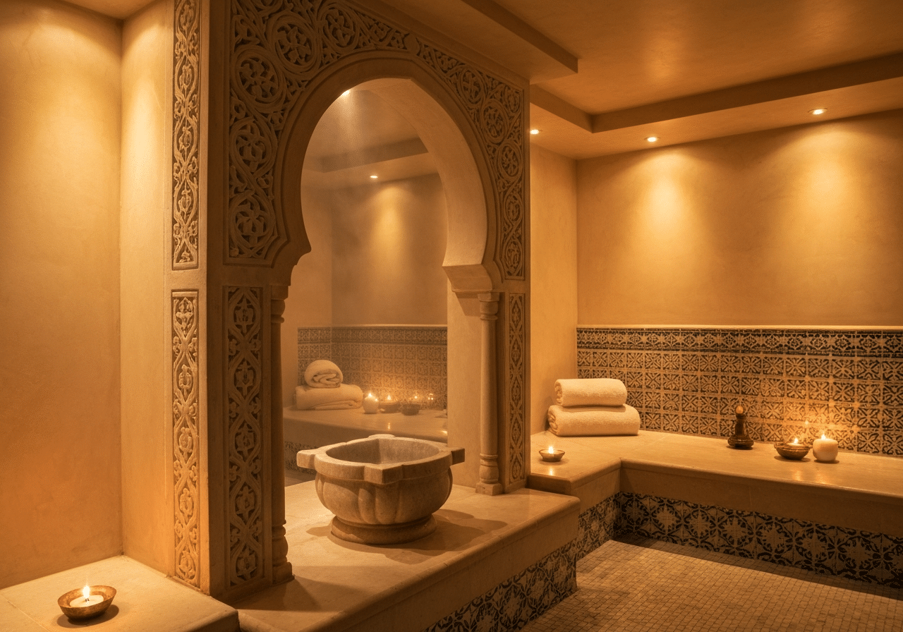 Alcôve de hammam oriental avec voûte en pierre, vapeur apaisante et éclairage ambiant chaleureux