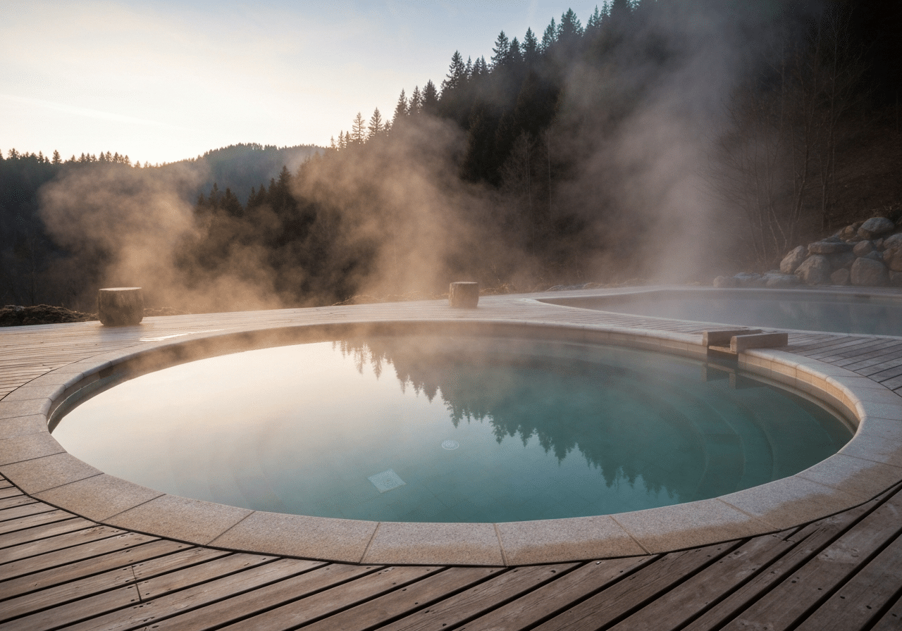 Bassin thermal privatif entouré de nature, vapeur légère et éclairage chaleureux