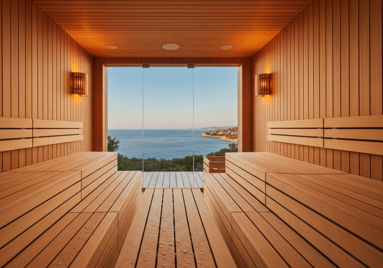 Sauna privatif face à la mer Méditerranée, bois huilé éclairé chaleureusement, vue côtière depuis la baie vitrée