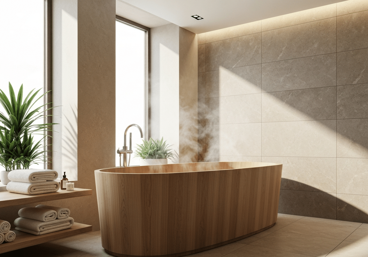 Salle de spa privatif épurée avec baignoire en bois, serviettes moelleuses et lumière naturelle.