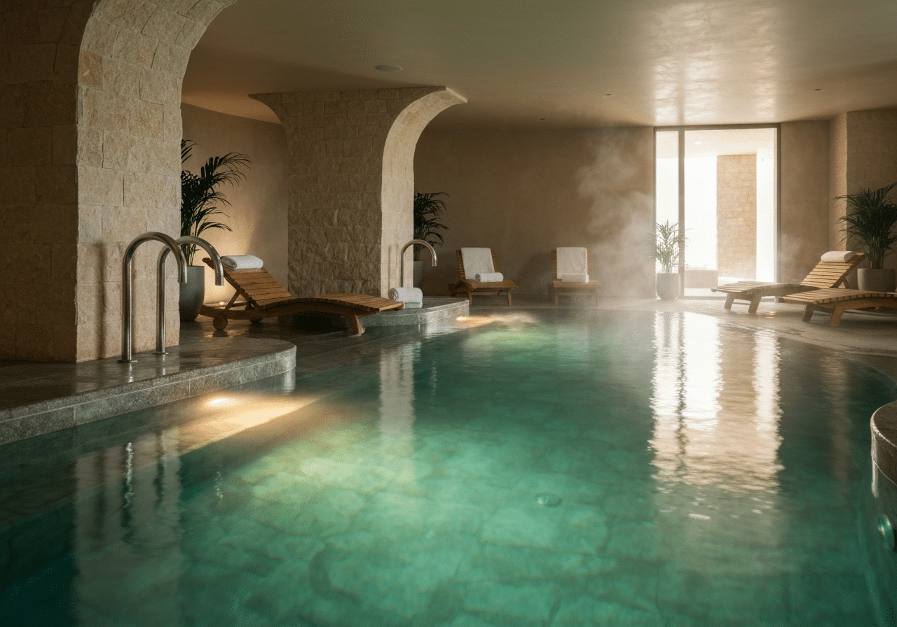 Bassin thermal minéral illuminé, eau translucide dorée, décor pierre et bois, wellness privatif