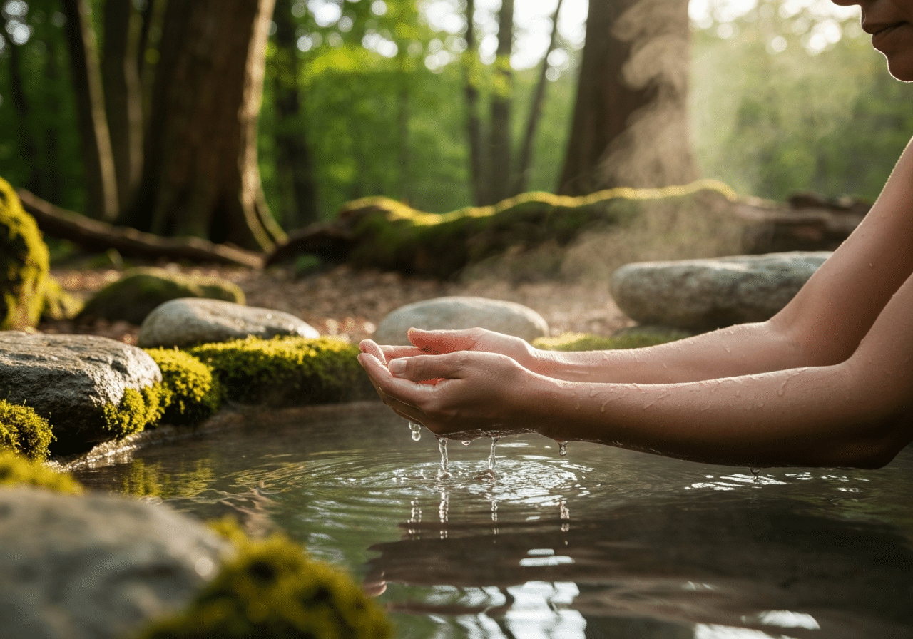 Mains baignées dans l'eau thermale d'une piscine naturelle en forêt, connexion sensorielle à l'eau et la terre.