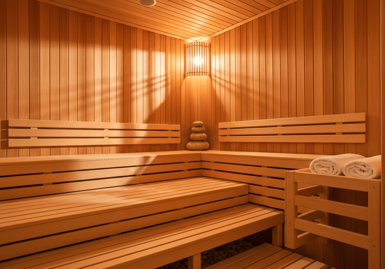 Intérieur de sauna privatif en bois huilé avec pierre chaude et lumière tamisée, espace relaxation couple