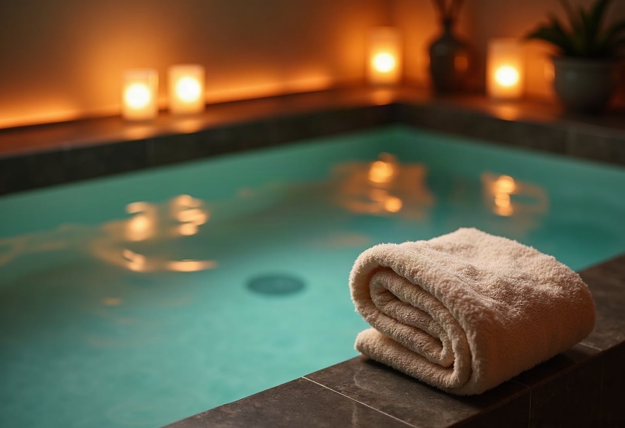 Vue intimiste d'un espace spa de love room avec serviette moelleuse, eau calme et éclairage tamisé chaleureux