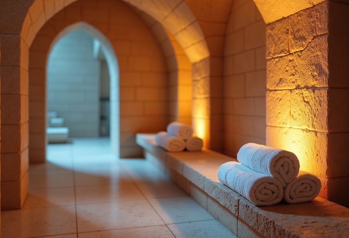 Intérieur d'un hammam privatif baigné de lumière ambrée, serviettes blanches moelleuses, ambiance chaleureuse et intime.