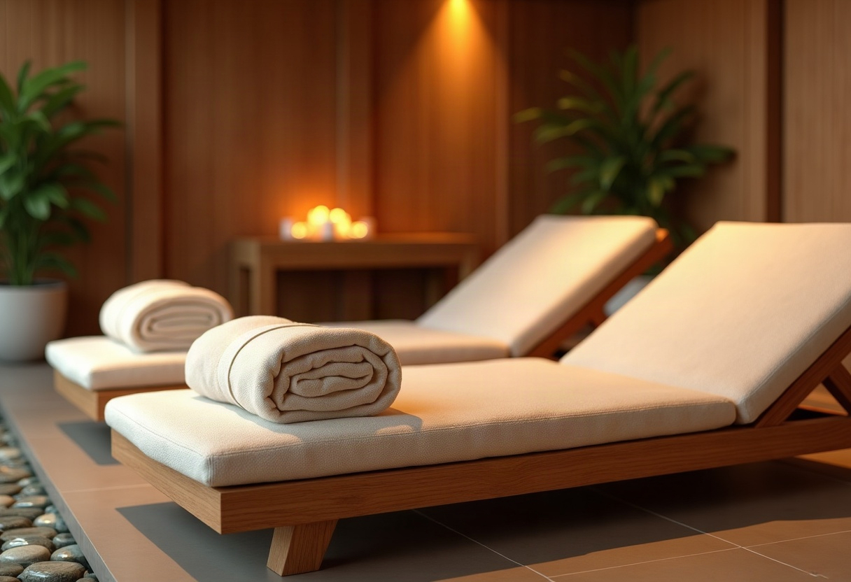 Espace de détente spa avec bois clair, serviettes moelleuses et éclairage tamisé chaud