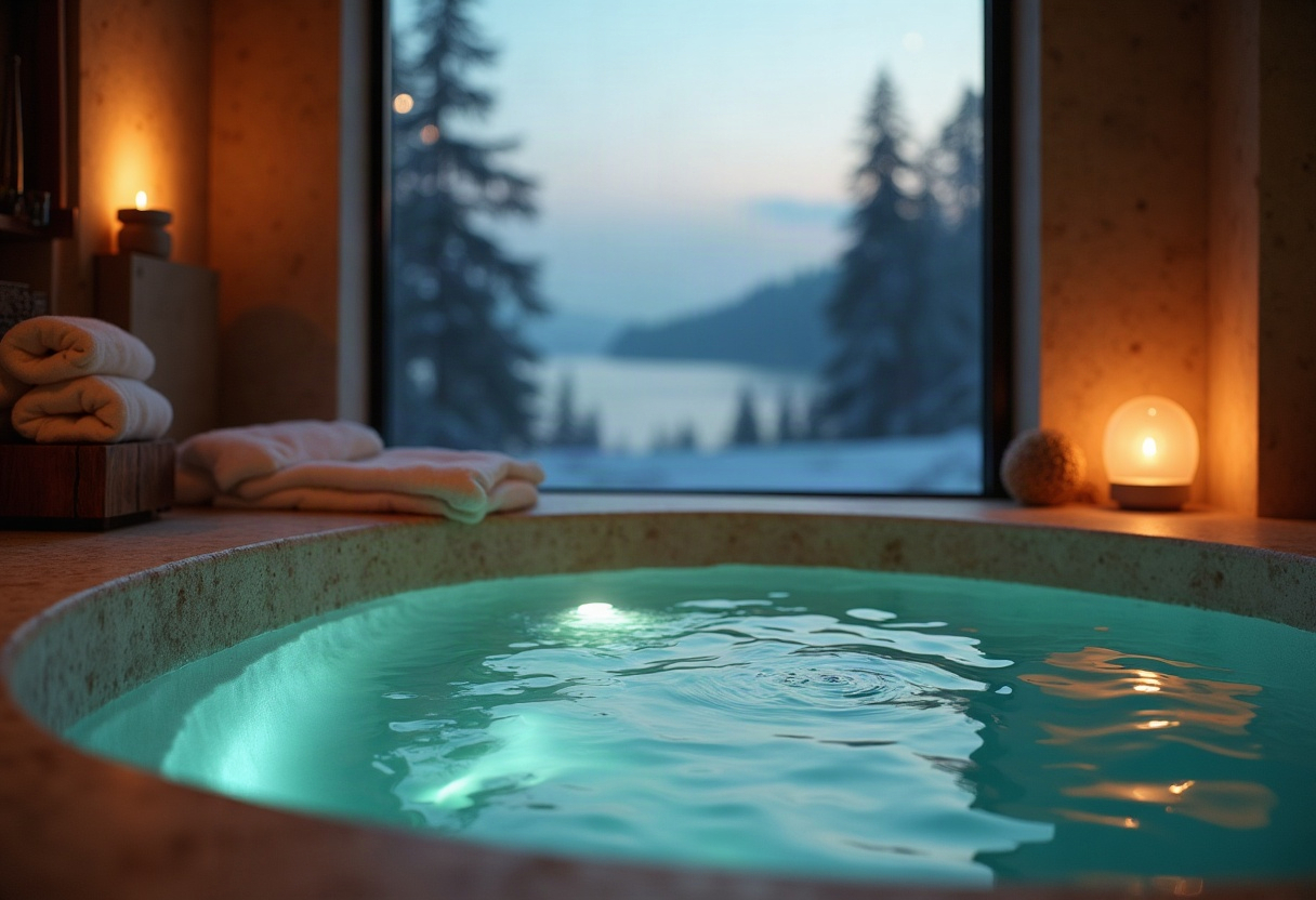 Baignoire intimiste de love room avec éclairage LED tamisé et vue sur la côte