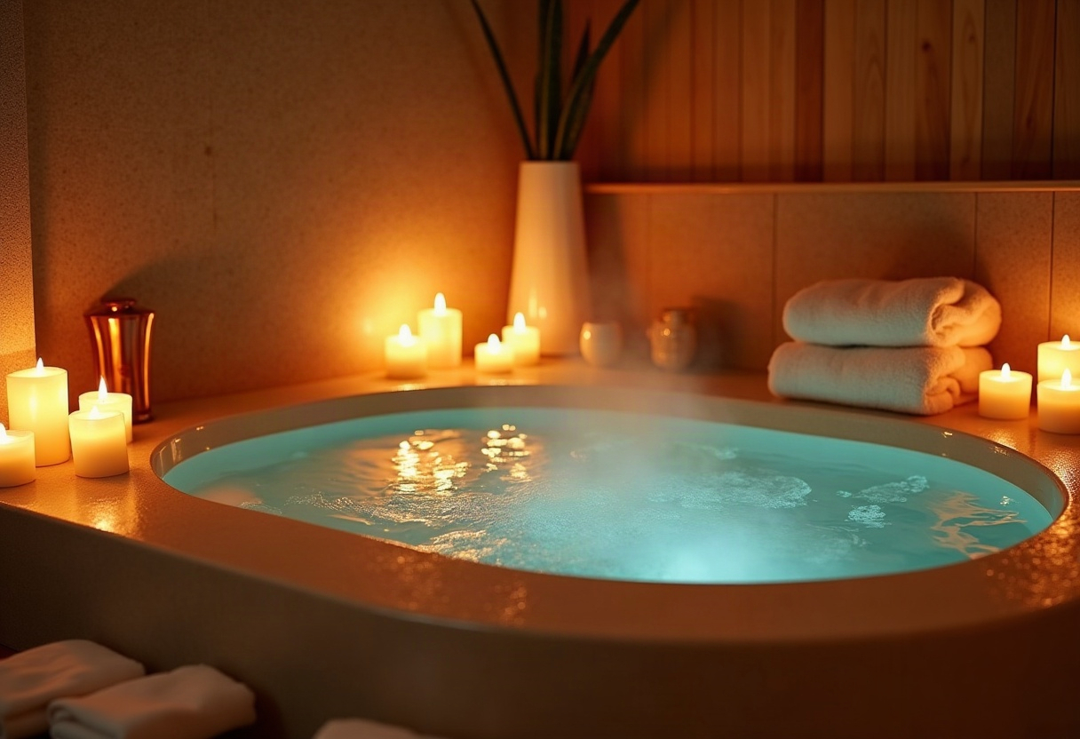 Baignoire privée spa avec LED tamisées, vapeur eucalyptus, serviettes moelleuses et lumière chaleureuse.