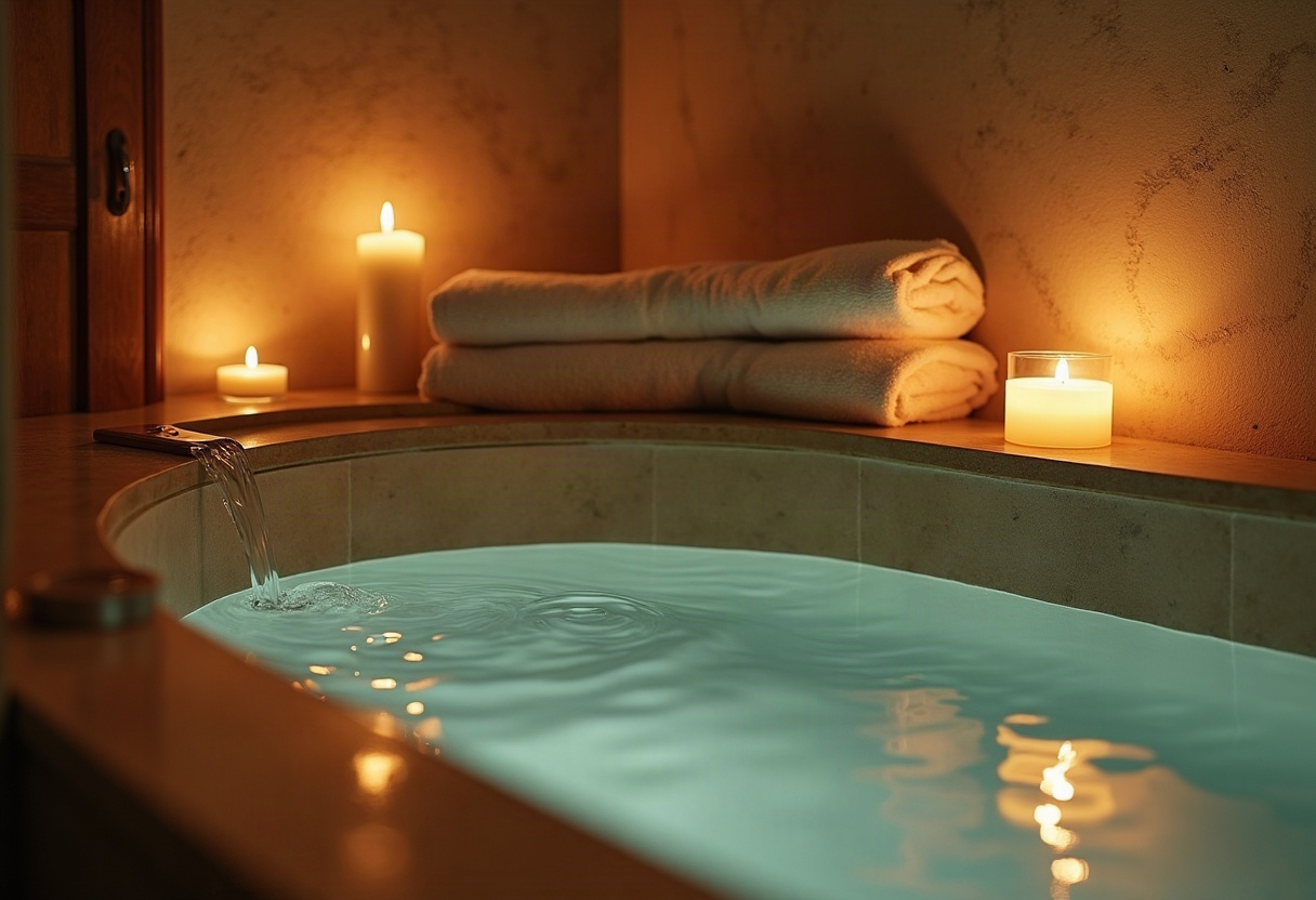 Baignoire spa privée creusée dans la pierre avec bougies, serviettes moelleuses et décor épuré.