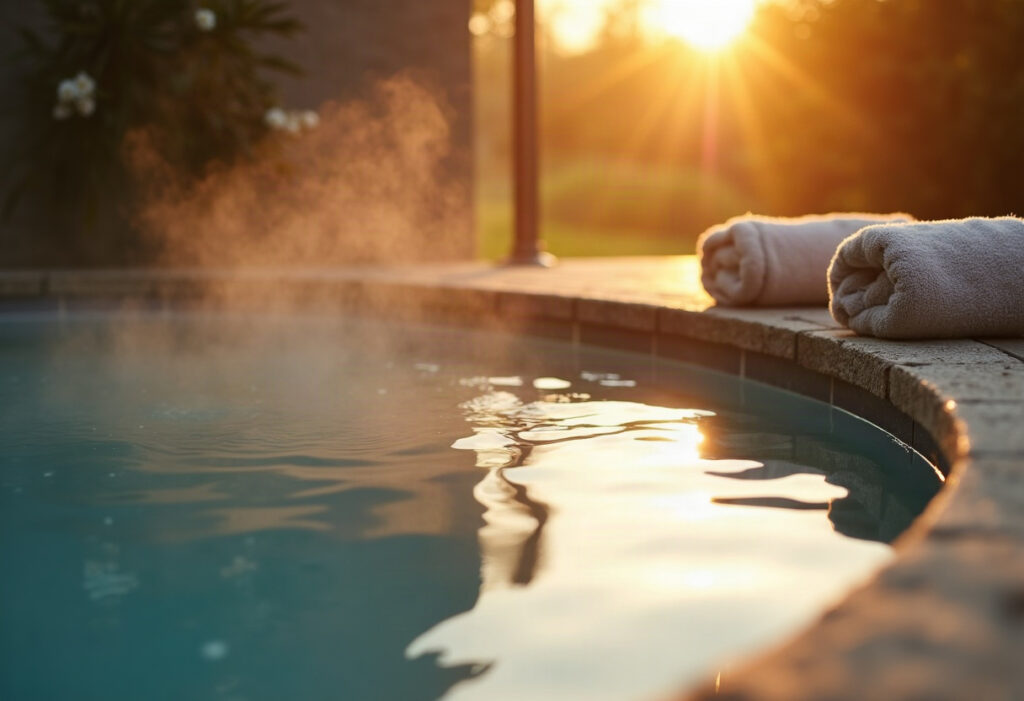 Spa privatif avec eau claire et vapeur douce, pierre et bois naturels éclairés à la lumière dorée