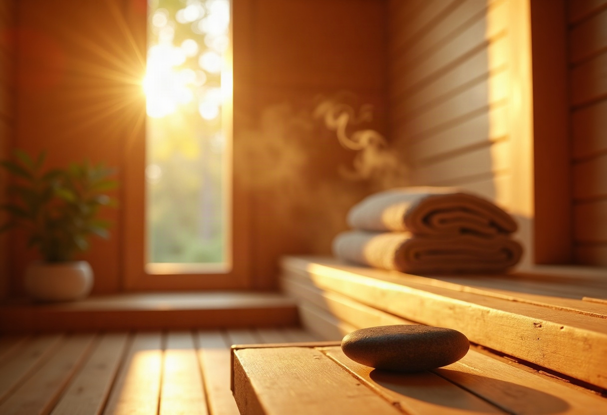 Intérieur de sauna en bois clair, chaleur dorée et ambiance apaisante pour un moment de détente bien-être