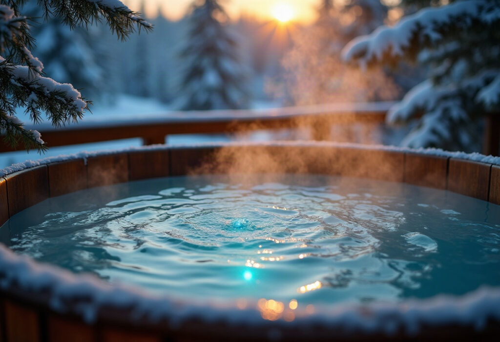 Bain nordique en bois chaud avec vapeur dorée dans une forêt enneigée