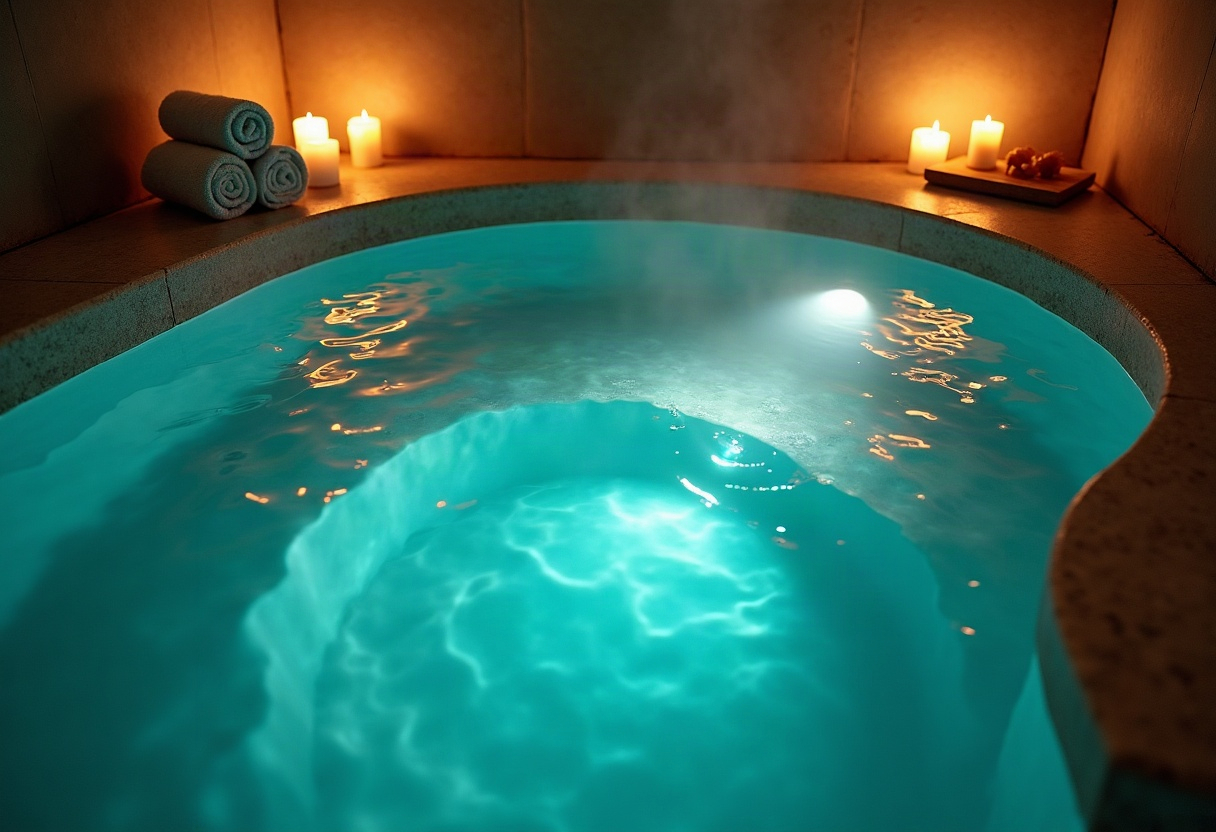 Bassin spa privatif avec éclairage LED tamisé et reflets chauds sur l'eau