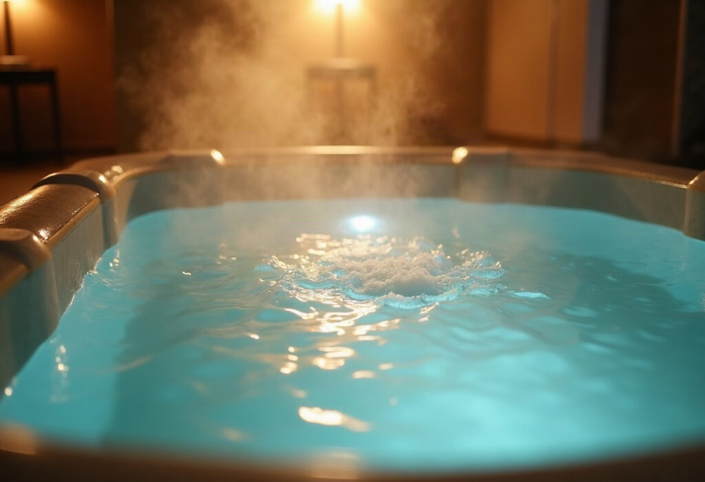 Gros plan d'eau cristalline d'un spa privatif chauffé, vapeur dorée et lumière tamisée