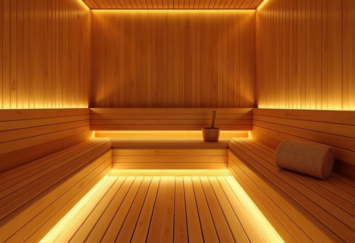Intérieur épuré de sauna domestique en bois chaleureux, ambiance intime et lumineuse