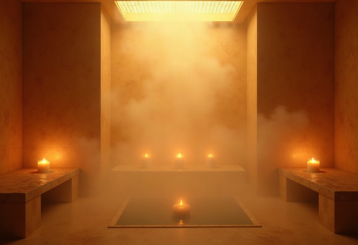 Intérieur de hammam avec vapeur dorée et atmosphère thermale apaisante