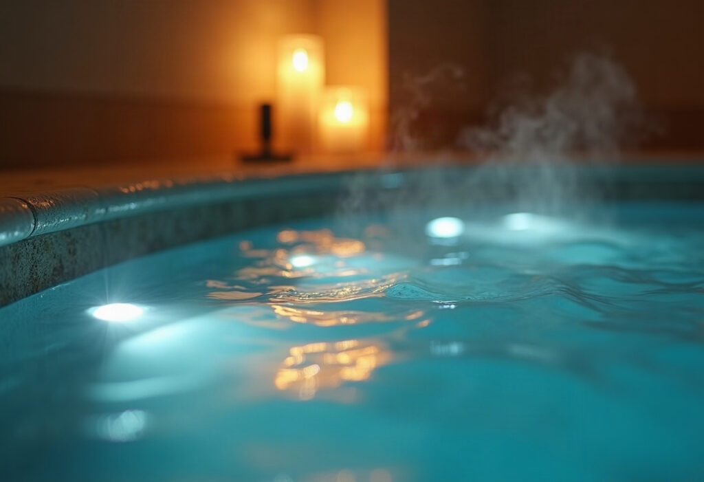 Eau thermale ondulante d'une piscine privée, éclairée par des lumières LED dorées créant des reflets apaisants Eau thermale ondulante d'une piscine privée, éclairée par des lumières LED dorées créant des reflets apaisants