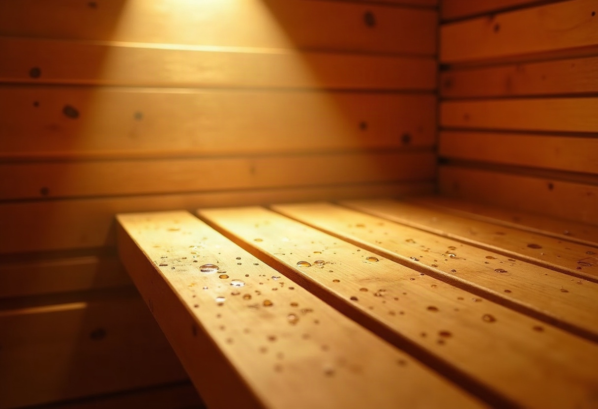 Intérieur de sauna en bois clair baigné d'une lumière chaude et apaisante, vapeur légère visible