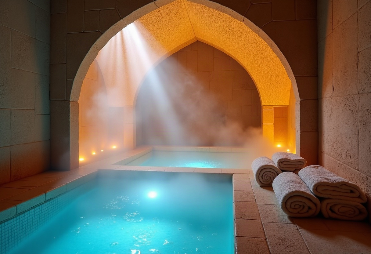 Hammam privatif baigné de vapeur, carrelage zellige et lumières ambrées tamisées