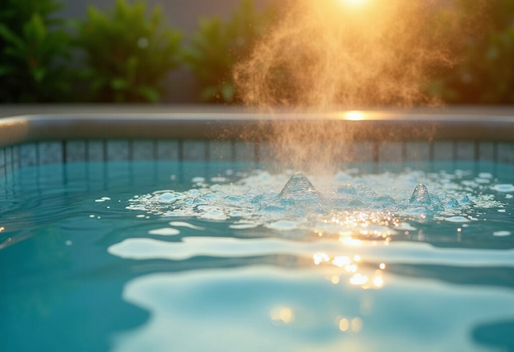 Eau cristalline d'un jacuzzi privatif éclairée par la lumière chaude du jour, vapeur dorée s'élevant de la surface. Eau cristalline d'un jacuzzi privatif éclairée par la lumière chaude du jour, vapeur dorée s'élevant de la surface.