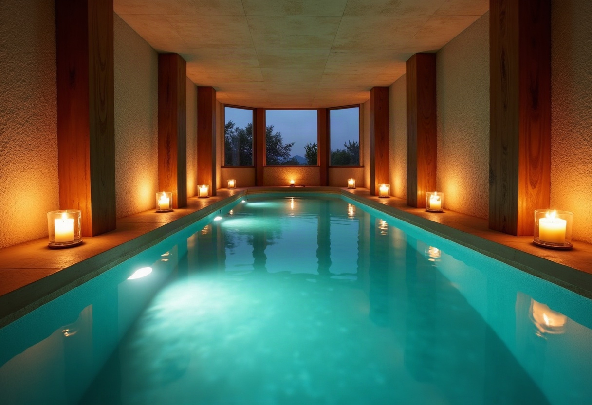 Bassin spa privatif intérieur avec eau translucide éclairée par LED chaudes, ambiance intimiste et luxueuse.